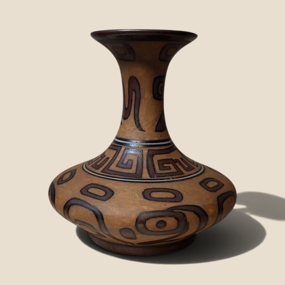 Terracotta Hand Painted Tribal Geometric Vase Brown Tan Decorative Pottery 7in